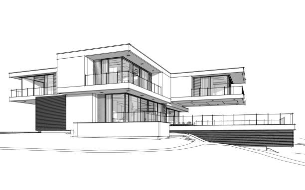 3d rendering sketch of modern cozy house by the river with garage for sale or rent. Black line sketch with soft light shadows on white background.